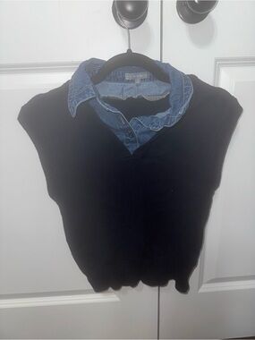 Layered Look Navy Blue Sweater Vest with Denim Collar